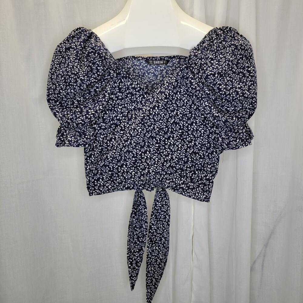 Shein Navy White Micro Floral Puff Sleeve Wrap Crop Top, S
